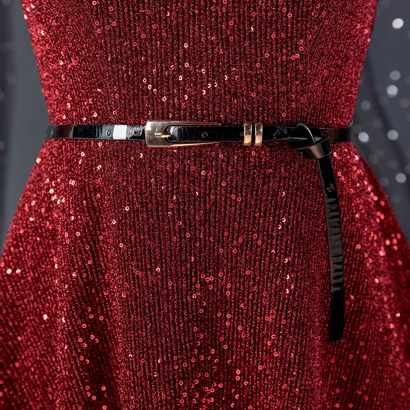 Женское длинное платье с блестками бордовое элегантное до пола для выпускного