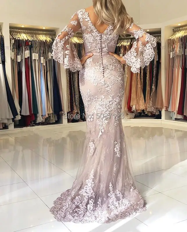 Сиреневые вечерние платья с длинными рукавами и v-образным вырезом Vestidos
