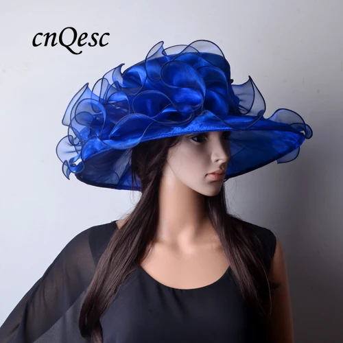 NAVY BLUE Новинка, светло-зеленые шляпы с широкими полями, из органзы, с кристаллами, для церкви, для Кентукки, Дерби, свадебные женские шляпы, для гонок - Цвет: NAVY BLUE