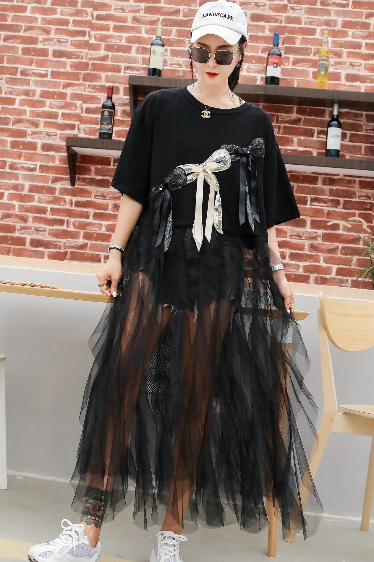 Новинка лета 2019 футболка с короткими рукавами и круглым вырезом длинное Сетчатое