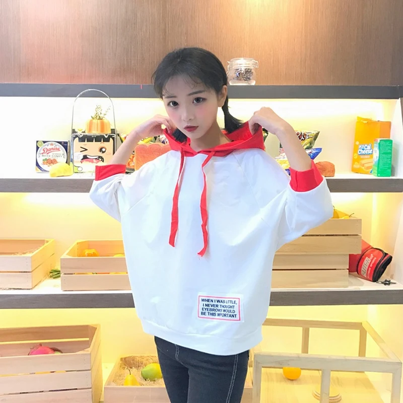 Summer 2017 Korean loose striped hooded hoodies female students all-match seven coat sleeve shirt | Женская одежда