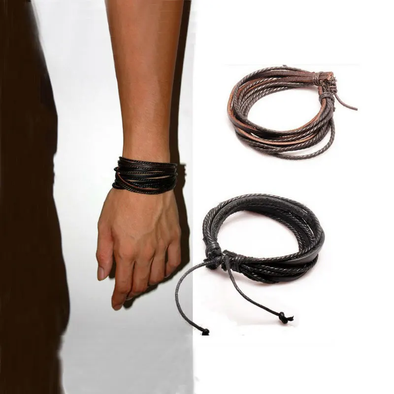 Мужской кожаный браслет черный и коричневый с веревкой WEV0246|bracelet leather|bracelets forbraided