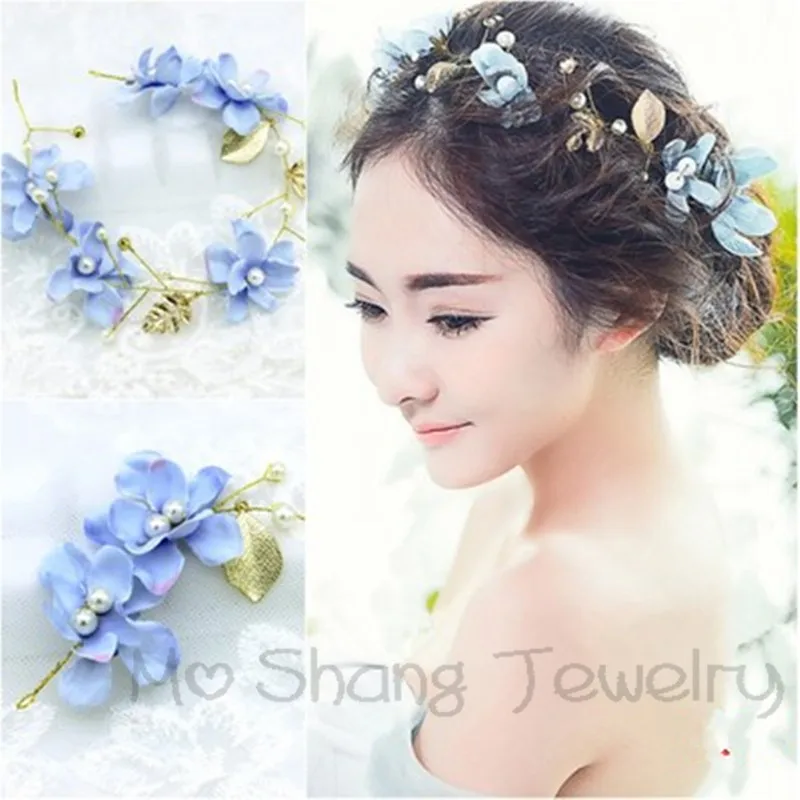 Голубая Орхидея Цветочная Свадебная Корона головной убор в форме листьев венок