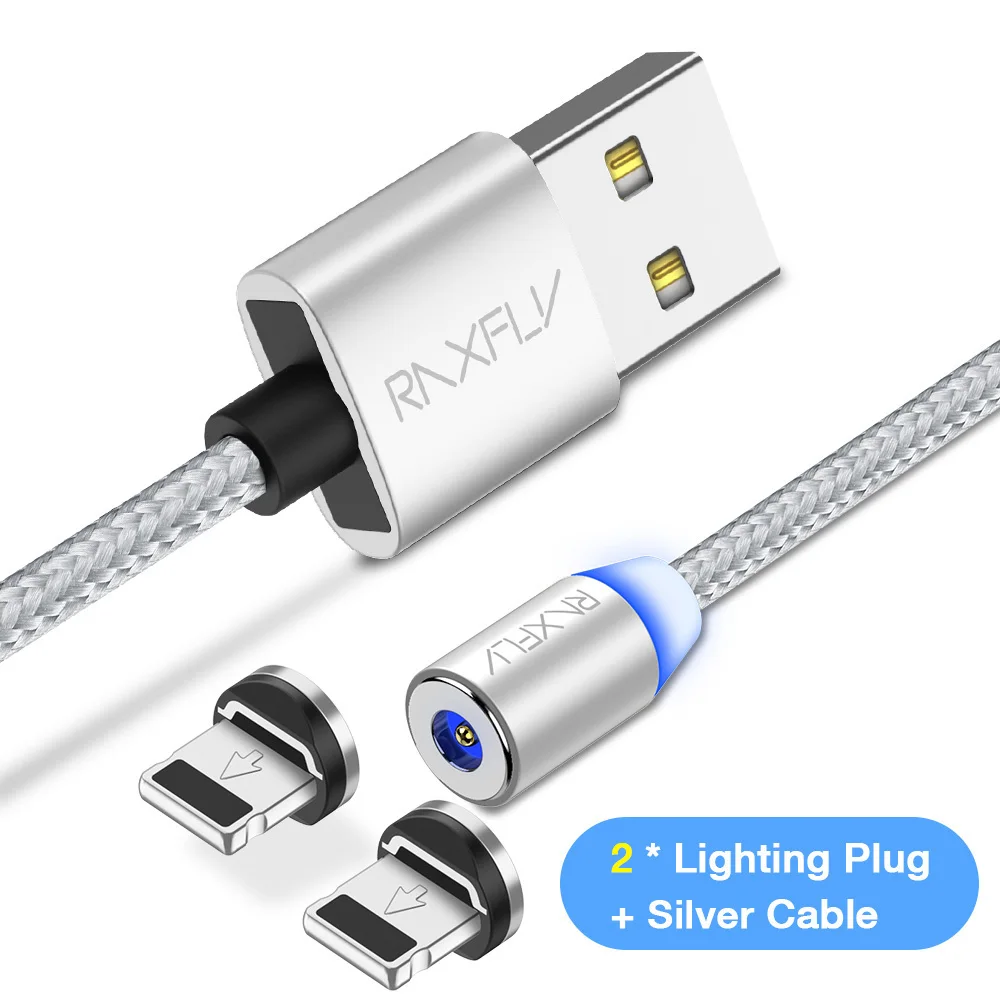 SilverLighting 2Plug Магнитный кабель RAXFLY Micro usb type C кабель для iPhone 11 Pro Max Xiaomi Redmi провод для быстрого заряда 1 м светодиодный магнитный кабель для зарядки - Цвет: SilverLighting 2Plug
