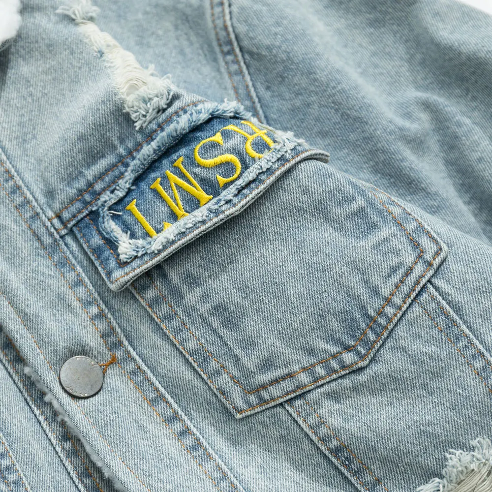 Для мужчин s шерпа выстроились джинсовая куртка грузовика хип поп рваные карманы