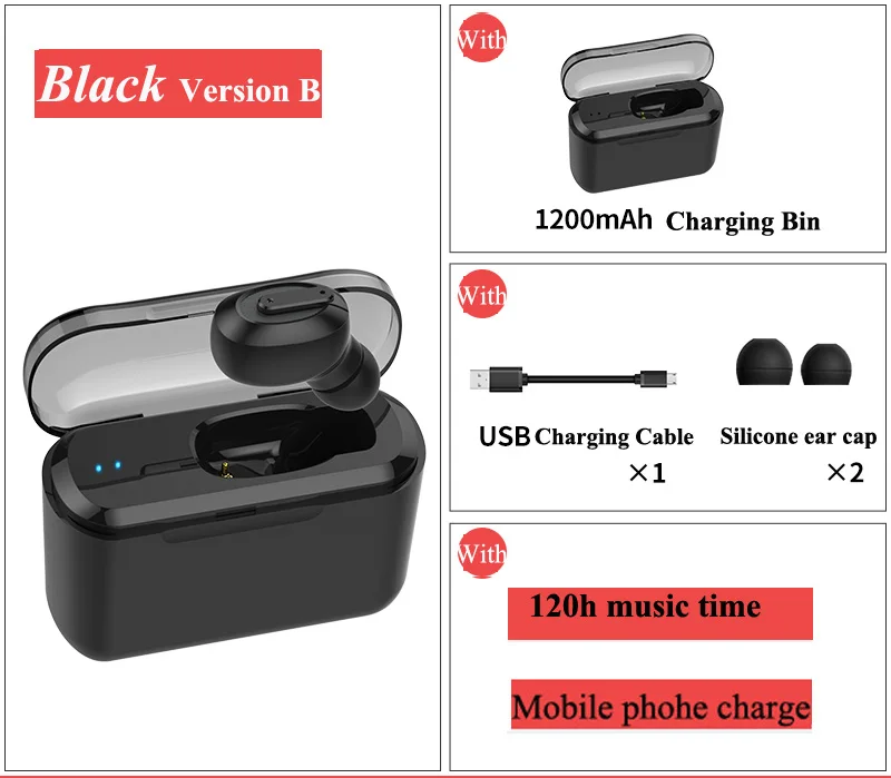 Беспроводные спортивные наушники с Bluetooth, Мини HiFi наушники с громкой связью, стерео звук, наушники, игровая гарнитура и зарядная коробка - Цвет: Black-B