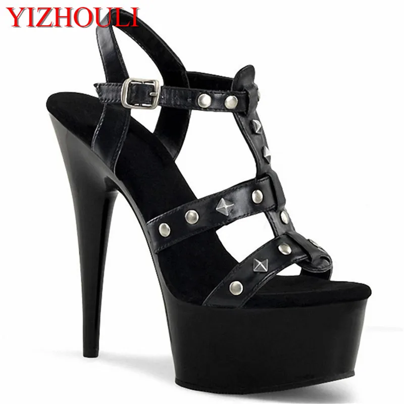 Summer's new 15CM peep-toe sandals, riveted high heels and black lacquered women's shoes