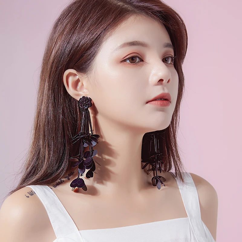 Сексуальные серьги с кисточками и блестками длинные черными цветами новые