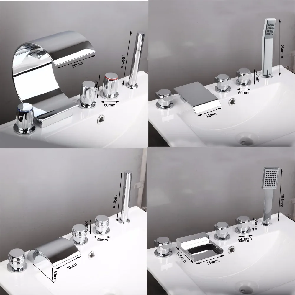 KEMAIDI Deck Mount Widespread 5pcs Bathtub Faucet Waterfall 3 Handles Mixer Tap With Hand Spray Polished Chrome Finish | Обустройство
