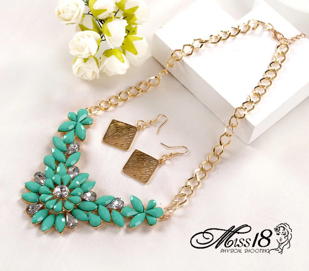 Hot Selling 2014 women jewelry set fashion 3D flower statement necklaces for girls including earring 4color choice JSH 0022|necklace men|necklace