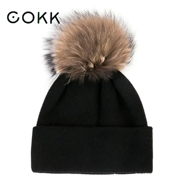 

COKK Winter Hats For Women Beanie Real Raccoon Fur Pompom Female Wool Knitted Cap Pom pom Ball Soft Bonnet Skullies Ear Warm