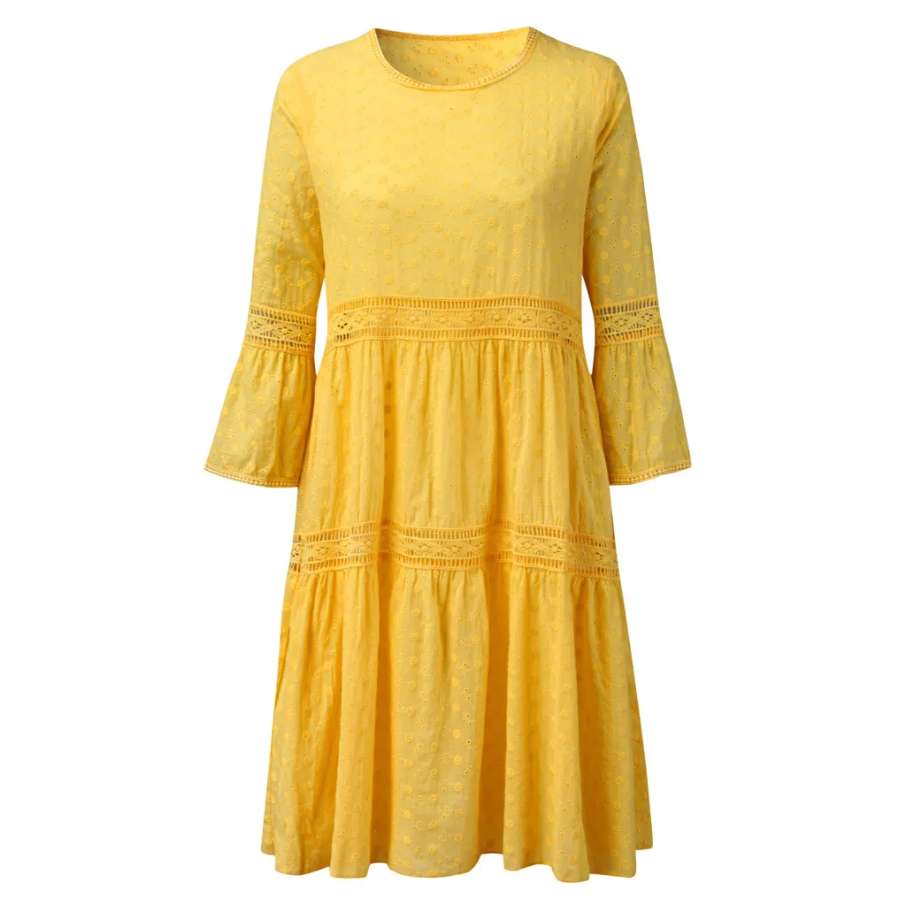 Autumn Bohemian Loose Dress Plus Size Women NEW Arrival Solid O-Neck Empire Hollow Out Splice 3/4 Sleeve Dress платье Wholesale