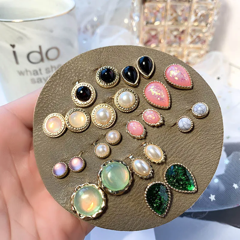 AOMU, 12 пар носочков Vintage Opal камень со стразами и жемчугом, эмаль, смола геометрический металлического сердечка серьги-гвоздики Комплект сережек для женщин и девочек вечерние ювелирные изделия