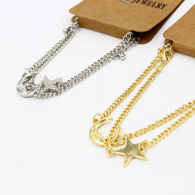 2pc/1set korean boho women hand chains jewelry gold silver plated moon star carving bangle bracelet pulseira | Украшения и