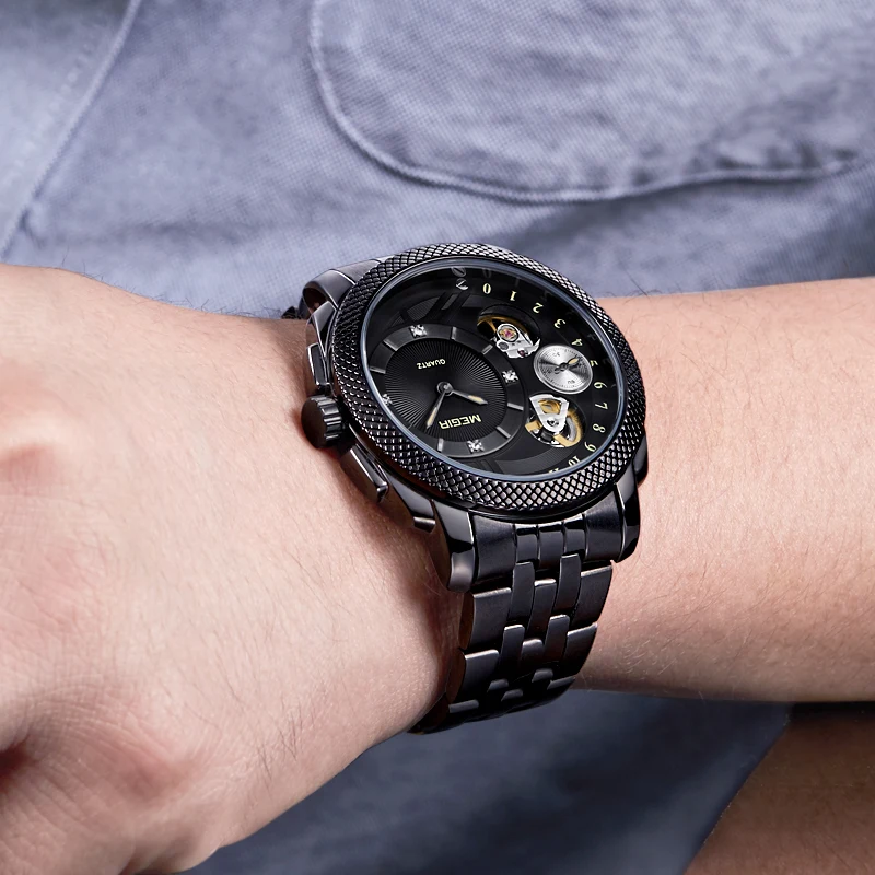 Бизнес часы для мужчин MEGIR Роскошные Кварцевые из нержавеющей стали военные