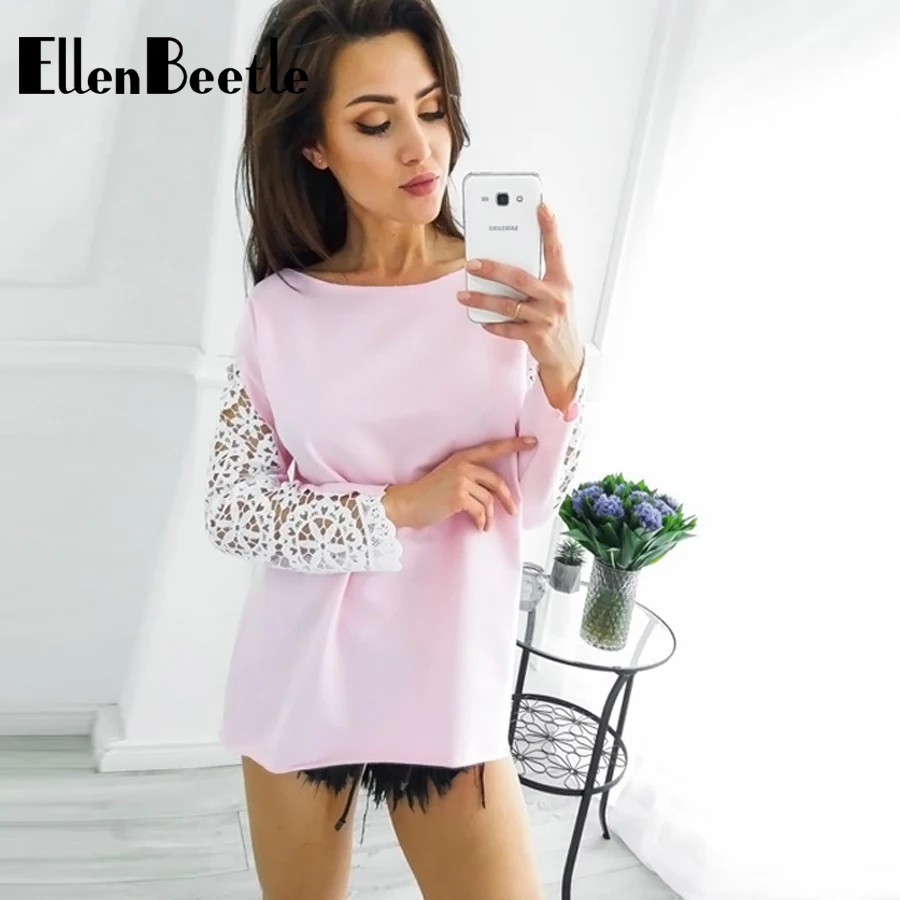 2017 Spring and Autumn new casual wild T-shirt long-sleeved lace stitching fashion round neck women's shirt | Женская одежда