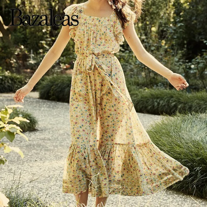 Bazaleas с коротким рукавом и оборками женское длинное платье шикарное желтое