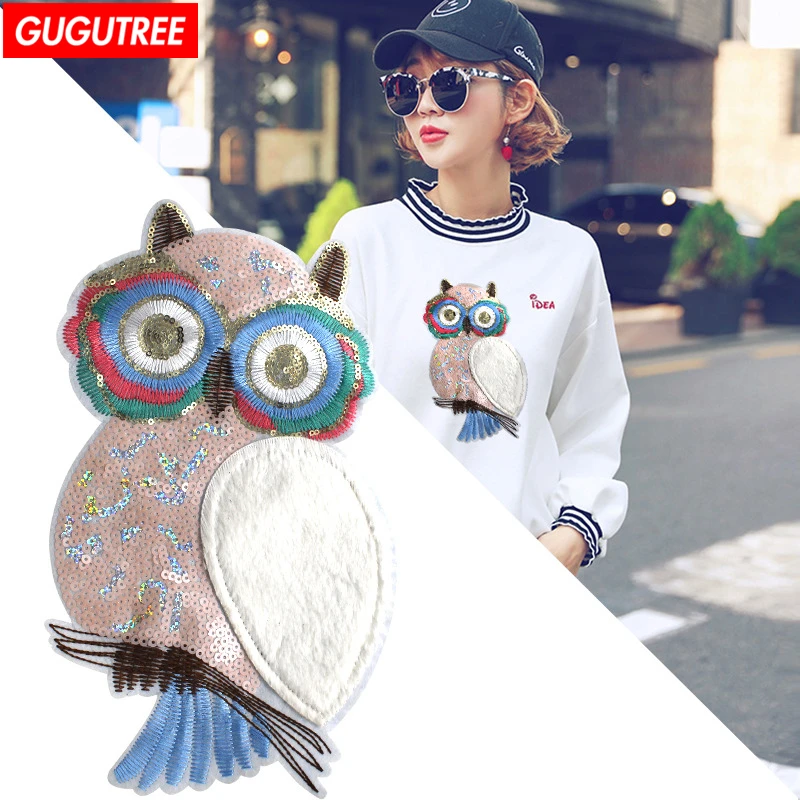 GUGUTREE chenille вышивка блестками большие нашивки с совой в виде животных
