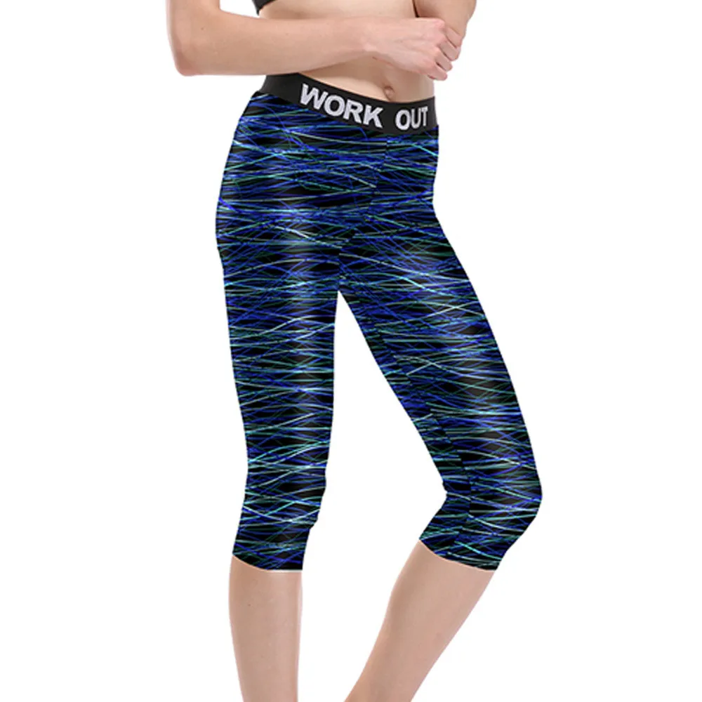 

Women Multicolor Line on Black Fitness Quick Dry Workout Leggings Unisex High Waist Knee Length Aerobic Exercise Pant Full Size