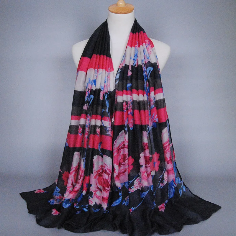 Популярный дизайн printe цветочный полосы вискоза шарф шаль мусульманский хиджаб