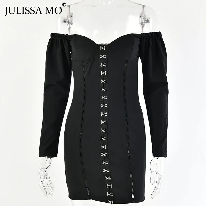 Черный Julissa mo женское белое платье с открытыми плечами без бретелек с рюшами облегающее платье осеннее Пышное с длинным рукавом сексуальное мини Вечерние платья - Цвет: Черный