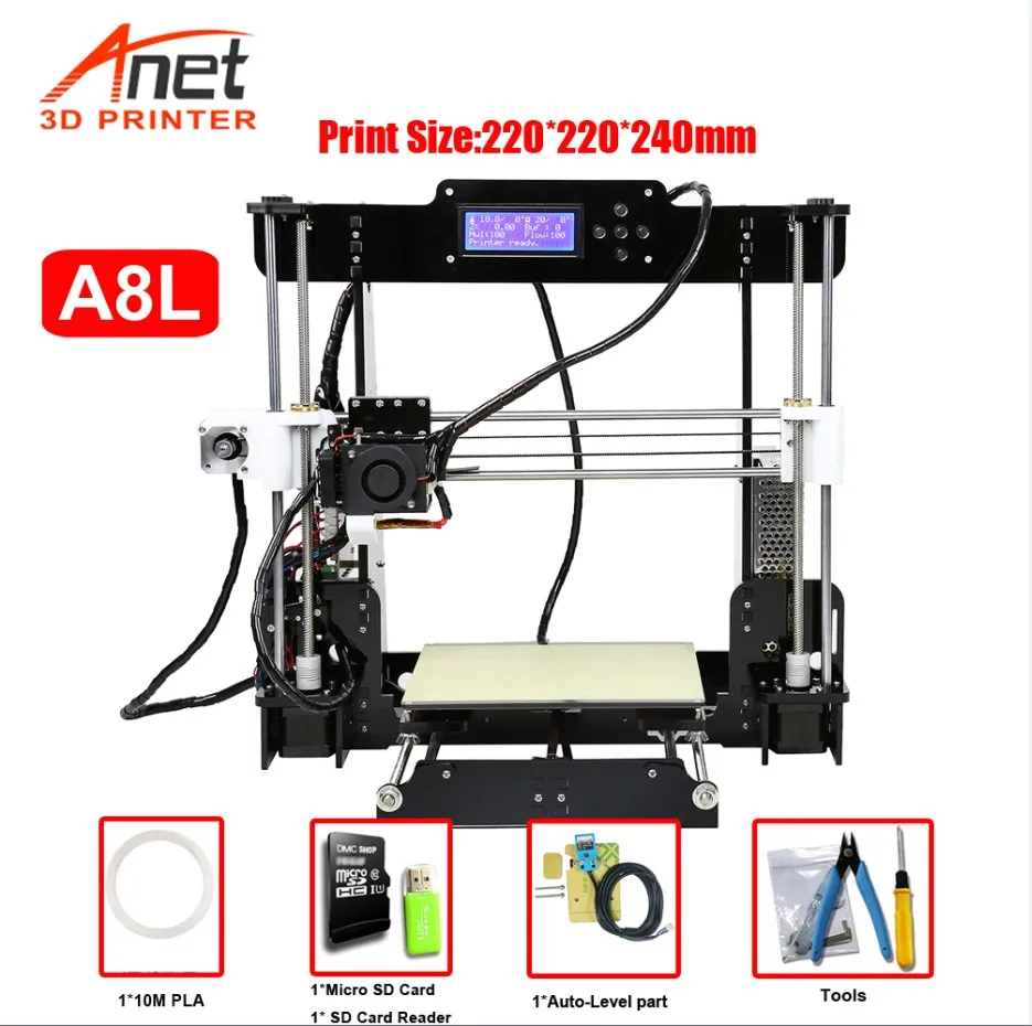 A8L 3D Printer Заводская распродажа Anet A8 3d принтер 2004 lcd MK8 насадка Высокая точность Reprap i3 DIY Набор 3d принтер размер печати 220*220*240 мм - Цвет: A8L 3D Printer