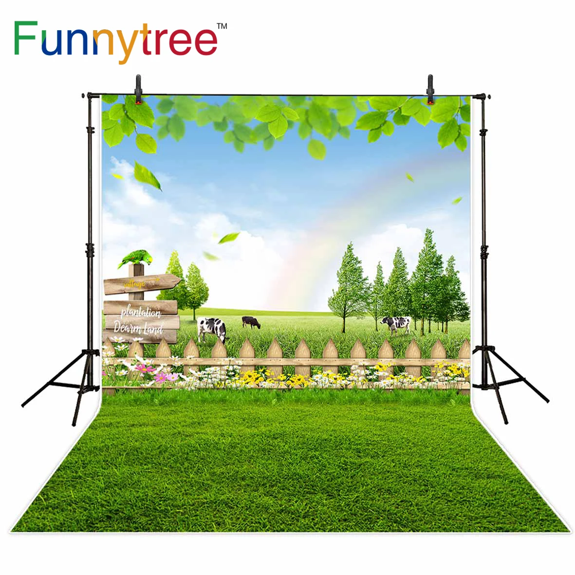 Фон Funnytree для фотосъемки Весенняя трава корова цветок дерево листья Радуга ферма