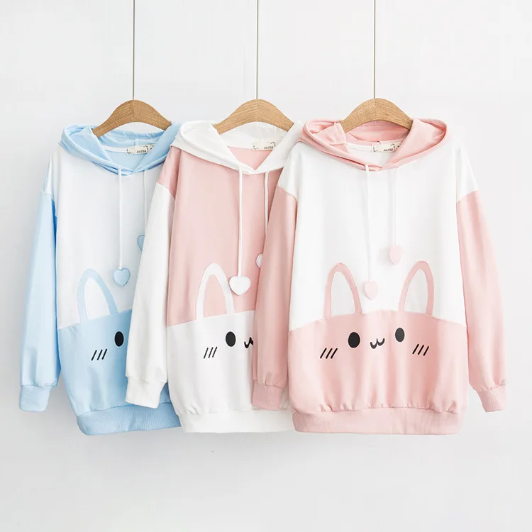 Весенне-осенняя Женская толстовка в японском стиле с милым кроликом Kawaii с заячьими ушками, модные свитера, милые розовые и синие пуловеры