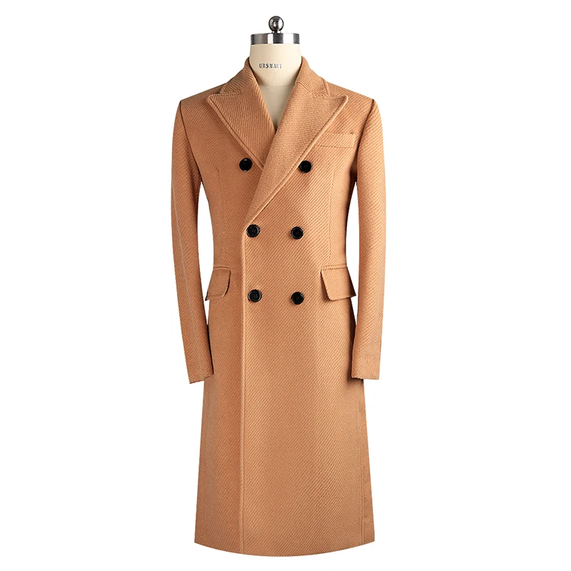

URSMART Long business coat men's double-breasted British style men's coat camel authentic coat men's fashion