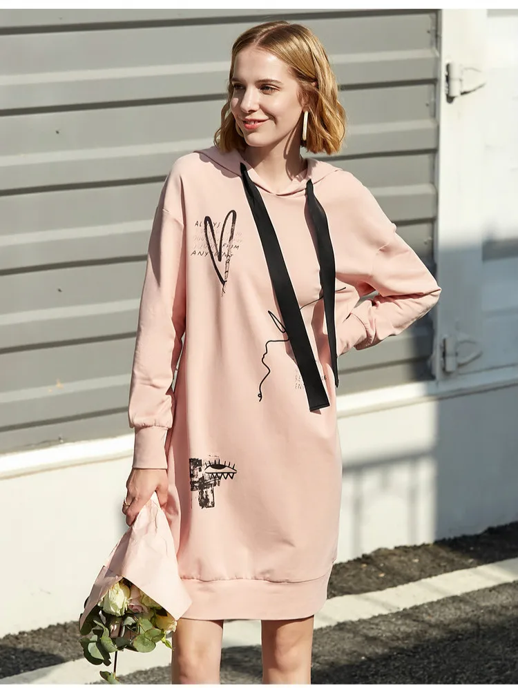 Amii минималистичные толстовки с капюшоном, платья для женщин, весна, повседневные свободные женские платья с принтом букв в консервативном стиле