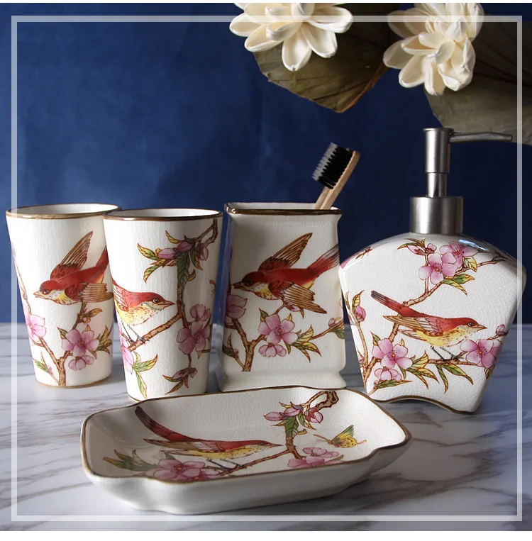 

Bathroom Ceramic Ice Crack Washing Gargle Five-piece Set Magpie Pattern Tooth Cup +Toothbrush Holder + Lotion Bottle + Soap Dish