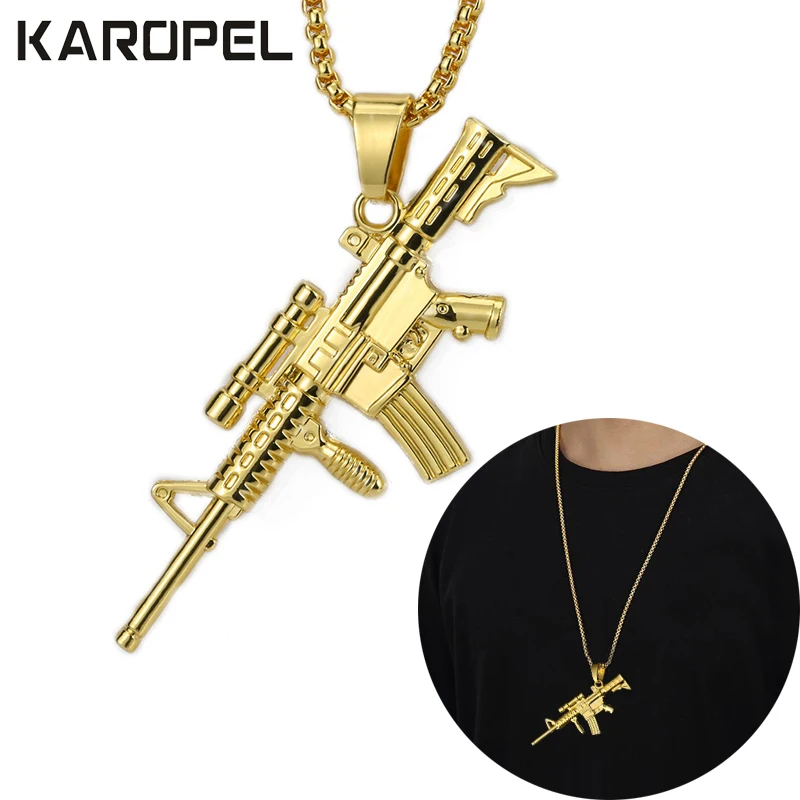 

Karopel Hip Hop Bling Iced Out Gold Sniper Rifle AK Gun Pendants Necklaces With Box Rolo Aberdeen Chain Necklace for Men Jewelry