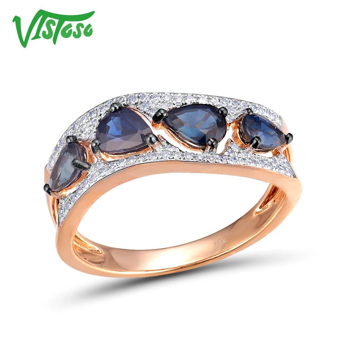 VISTOSO 14K 585 Розовое Золото Блестящий Бриллиант необычный синий сапфир подлинное кольцо для женщин помолвка юбилей элегантные изысканные украшения