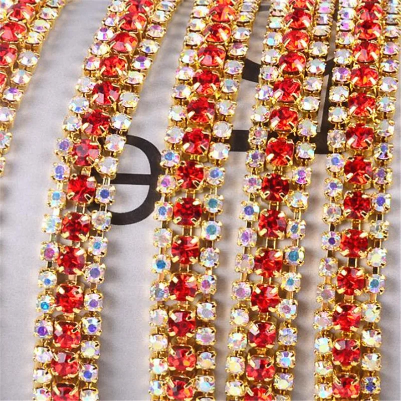 3Yard Free-shipping 3Rows 1cm Clear AB Blue Gold Rhinestone Crystal Silver Tone Chain Costume Applique Trims Sewing RT0110 | Дом и сад