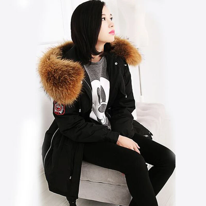 Женская зимняя куртка парка на утином пуху с большим воротником из меха енота 20