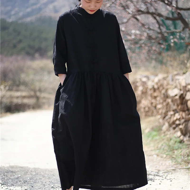 

Women's Vintage Autumn Style Dresses Big Size Clothing for Women High Waist with Pockets Solid Cotton Linen Loose Maxi Dress