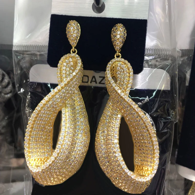 Dazz Роскошные блестящие геометрические серьги с подвеской для женщин, крученые украшения для свадебной вечеринки, полностью стерео циркониевые серьги в нигерийском стиле