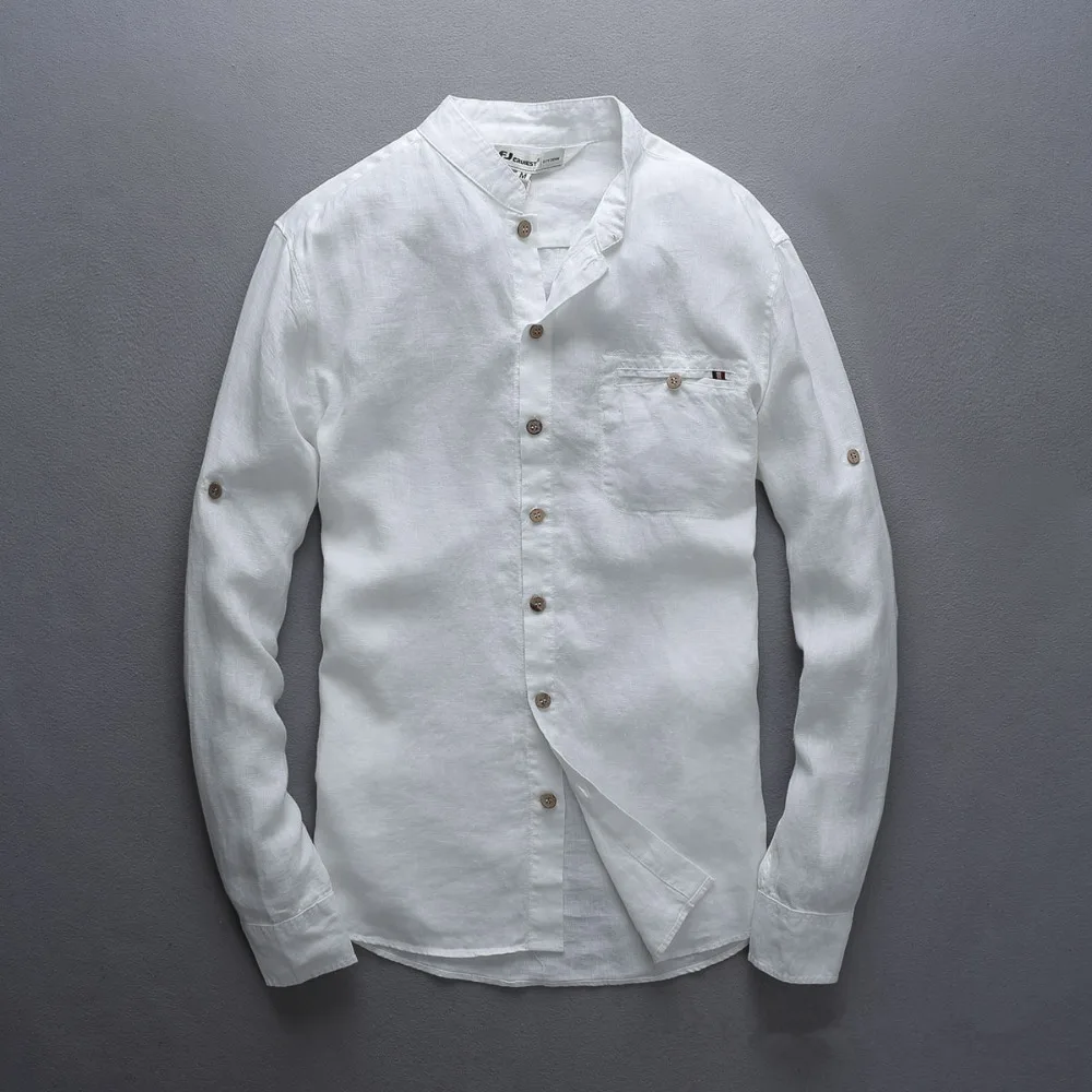 Мужская Повседневная рубашка из 100% льна голубая с длинными рукавами большие