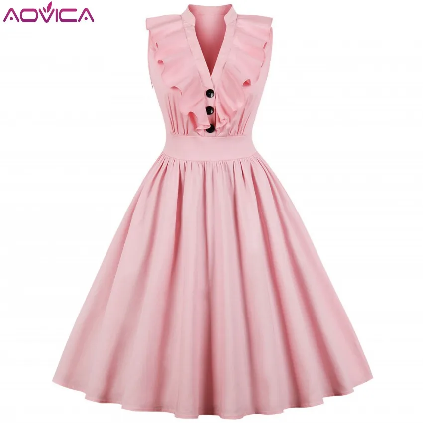 

Aovica S-4XL Elegant Ruffle Pleated Summer Dress Women Sexy V Neck Vintage Robe Pink Dresses Pinup Party Tunic Cotton Vestidos