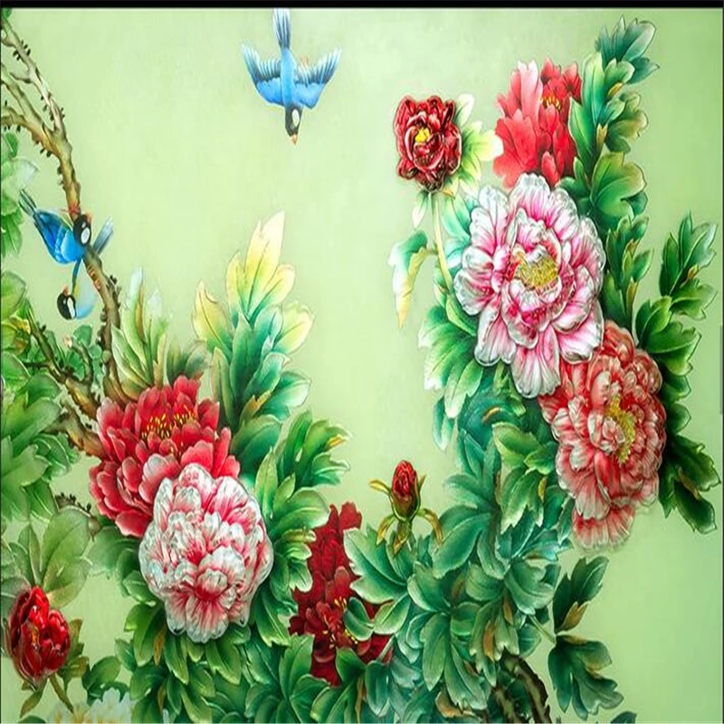 Обои для стен на заказ обои из бутика цвет резное стекло пион fresco Гостиная ТВ фон