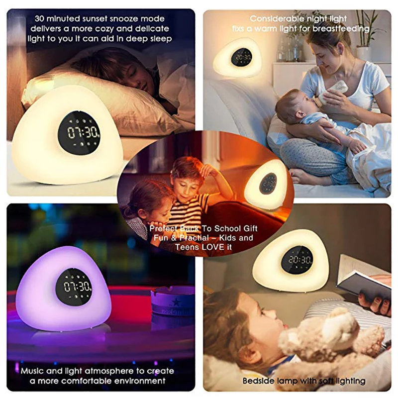 Alarm Clock Wake up Light Sunrise Sunset Simulation with 10 Nature Sounds 7 Colors Light Touch Control RGB Dimmable Night Lamp