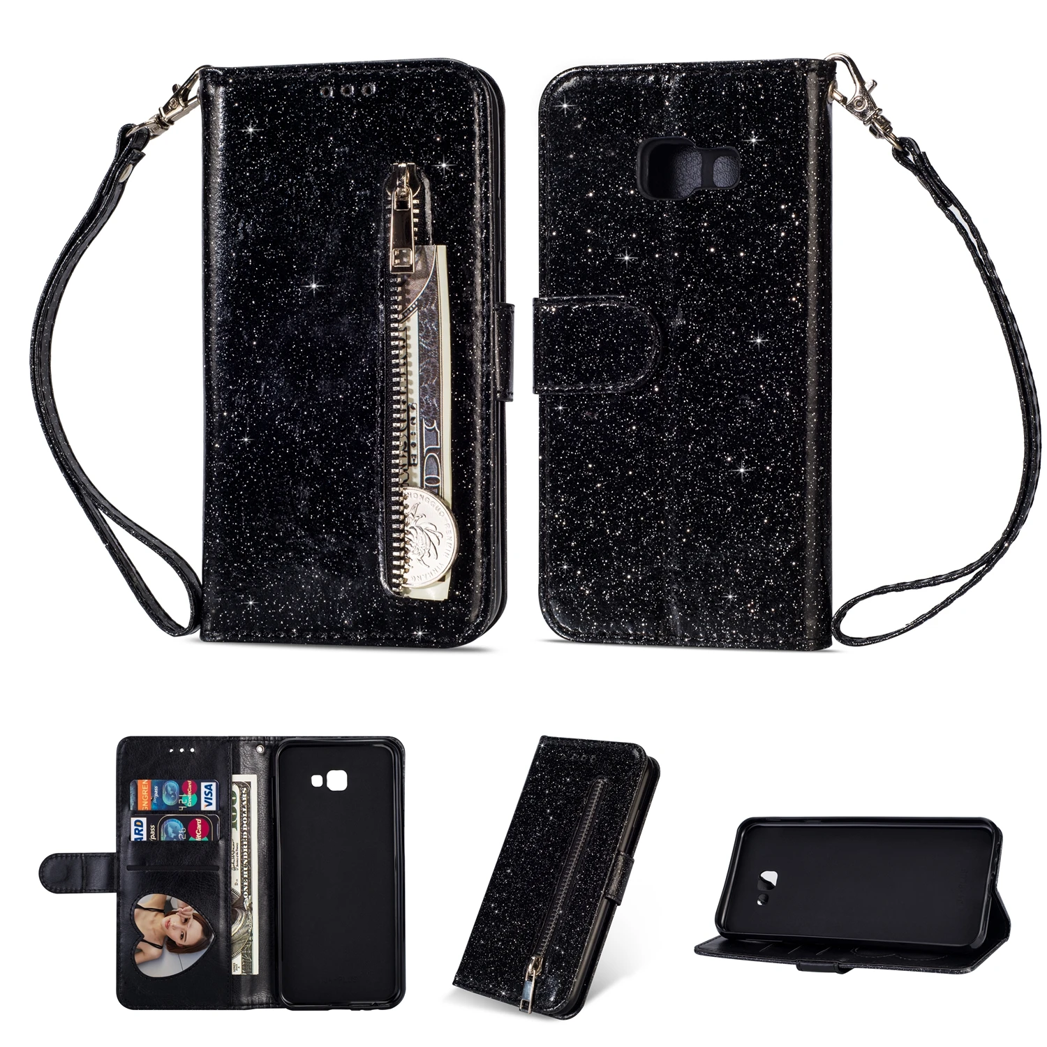 Black Bling чехол S10E для samsung Galaxy J4 J6 A6 плюс J330 J5 Pro J730 A5 A7 A6 плюс кожаный чехол-книжка бумажник с застежкой-молнией крышка - Цвет: Black
