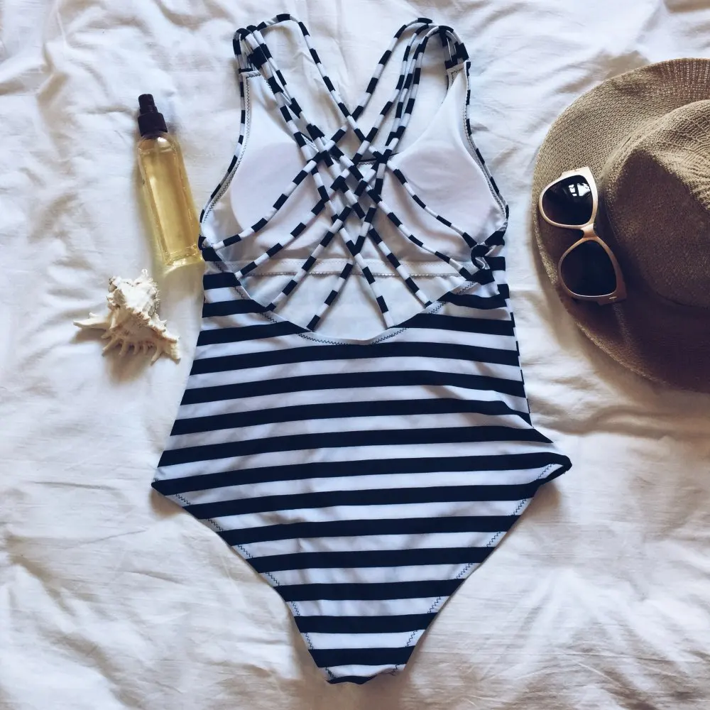 Женский Высокий разрез без спинки Купальник черный белый темно синий полосатый