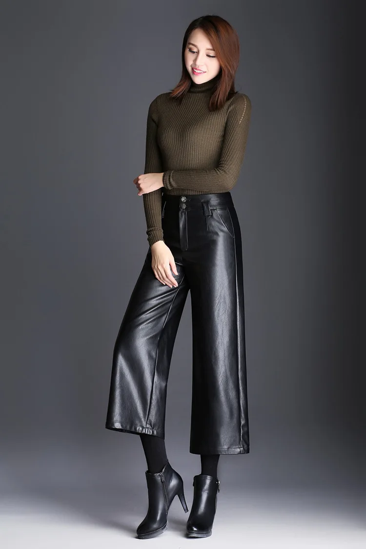 Модные женские черные брюки из искусственной кожи до щиколотки с широкими