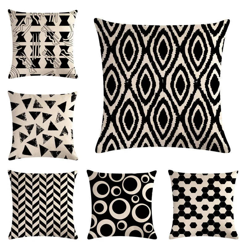 

Geometric Cushion Cover Abstract Black And White Striped Dotted Grid Triangular Geometric Art Linen Pillow Case For Sofa Cover