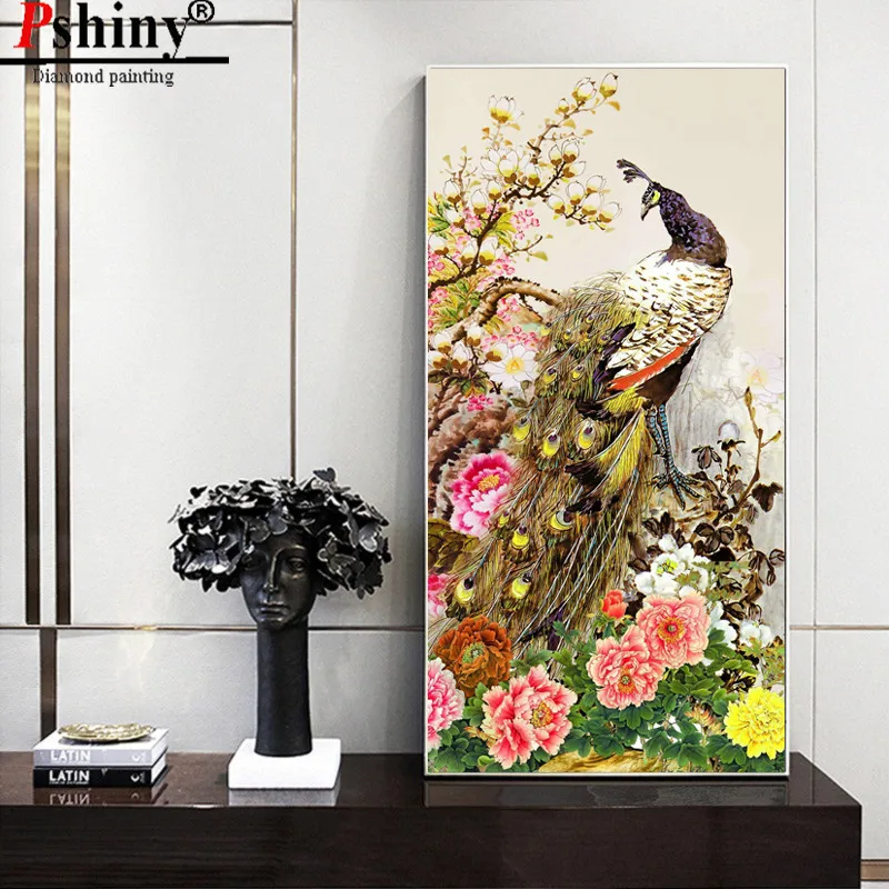 PSHINY DIY 5D алмазная вышивка продажа цветочной картины с изображением павлина из
