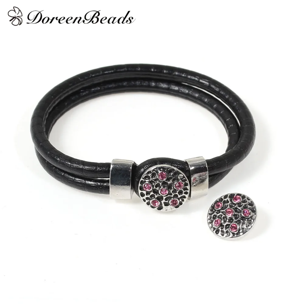 DoreenBeads 16mm Zinc Alloy Snap Button Round Silver Color Black Spot Carved Pink Rhinestone Fit Bracelets 1 PC | Украшения и