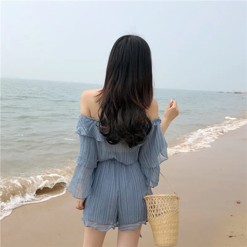Perspective Temperament Chiffon Playsuits Summer Romper Loose Ruffles Off Shoulder Top Beach Vacation Solid Color Shorts | Женская