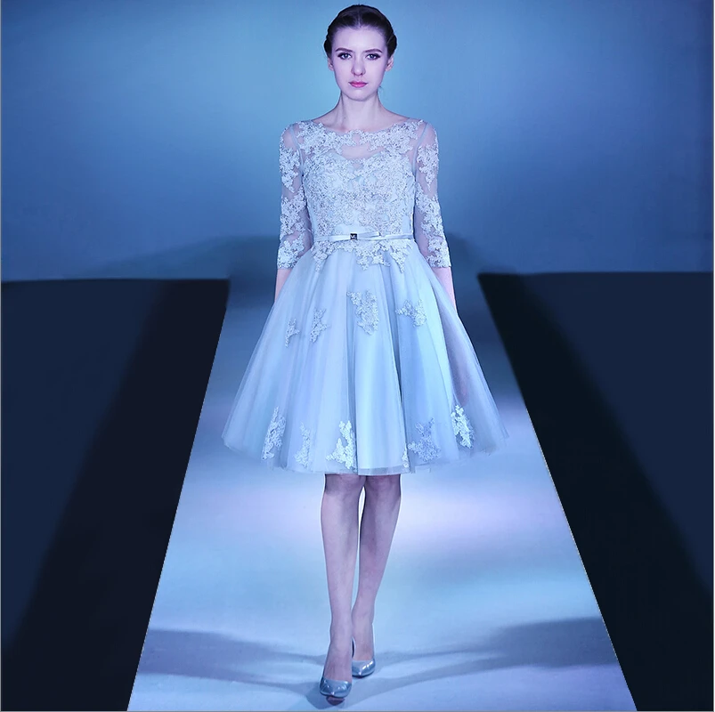 Real Photo YRE24 Robe de Soiree Lace Appliques 3/4 Sleeves Light Blue Short Evening Dress | Свадьбы и торжества