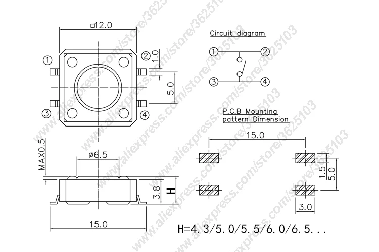 10 шт./лот SMD 12x12 H = 4 3 мм/4 5 мм/5 мм/6 мм/7 мм/8 мм ~ 15 тактовая кнопка микро переключателя